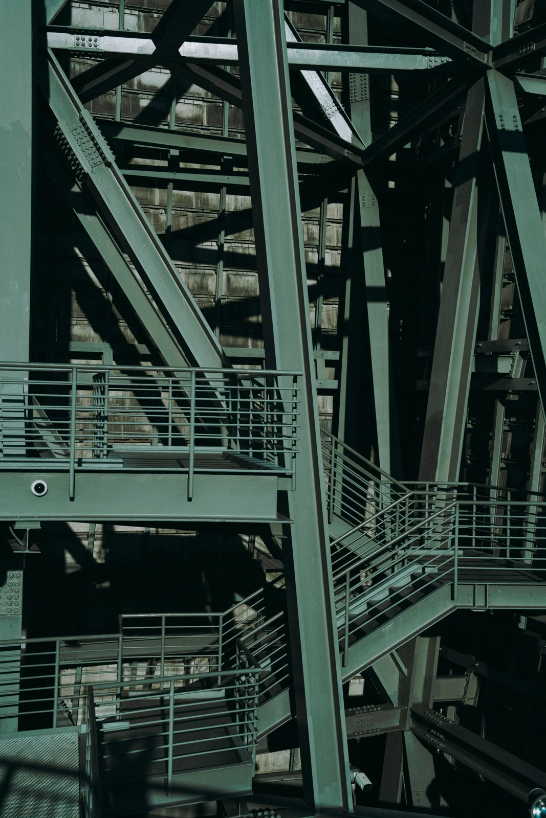 Real photograph of steel columns, platforms and stairs